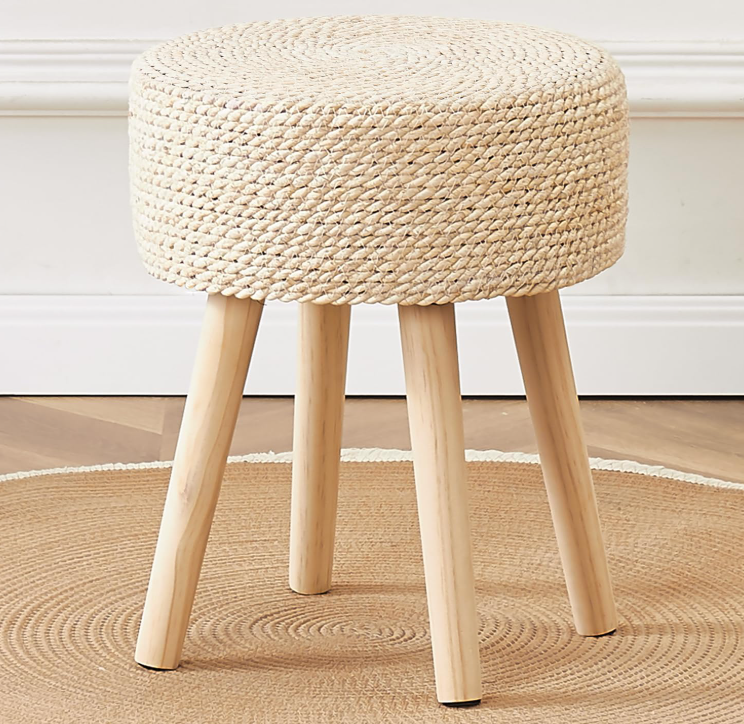 Hand-woven natural seagrass round pouf foot stool with solid wood legs, breathable multi-use step stool for living room, bedroom, balcony and garden